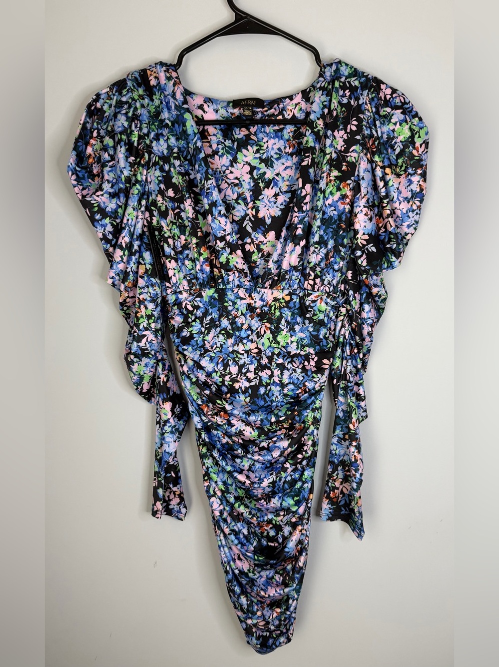 AFRM Black Floral V-Neck Puff Sleeve Mini Dress - Picture 2 of 4